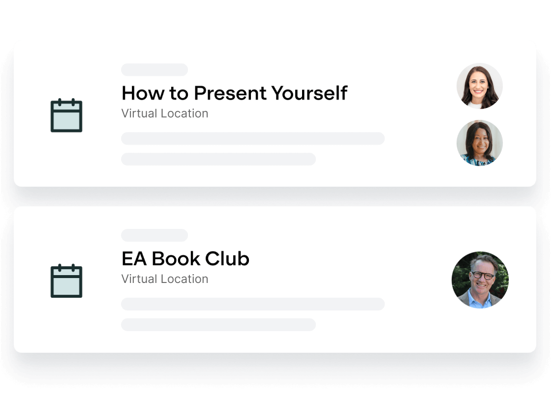 stylized representation of a list of virtual events - examples used are 'How to Present Yourself' and 'EA Book Club'
